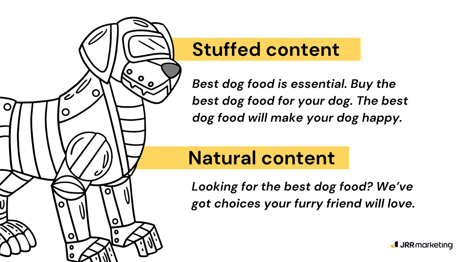 a comparison graphic showing "stuffed content" versus "natural content," emphasizing the difference in writing styles to avoid seo mistakes like keyword stuffing.