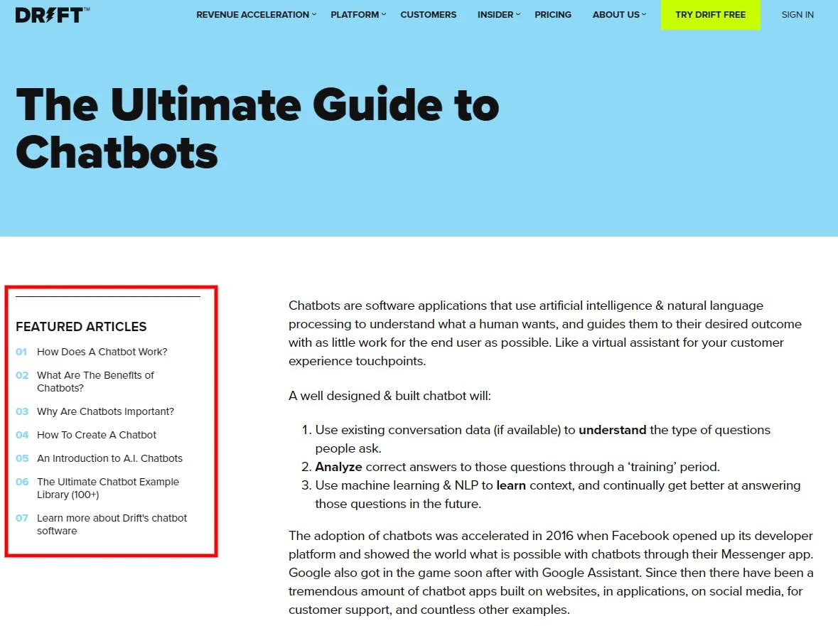 A blog post about chatbots demonstrating a pillar cluster content strategy with featured articles.