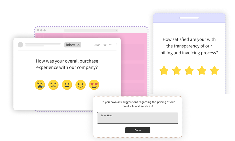 Customer feedback forms shown on screens, illustrating data collection for a first party data strategy.