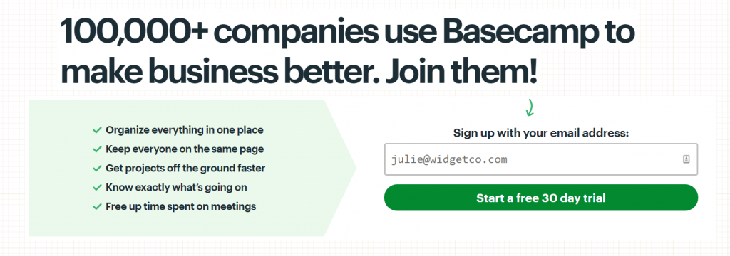 Basecamp sign-up page, promoting a first party data strategy for better business organization and project management.