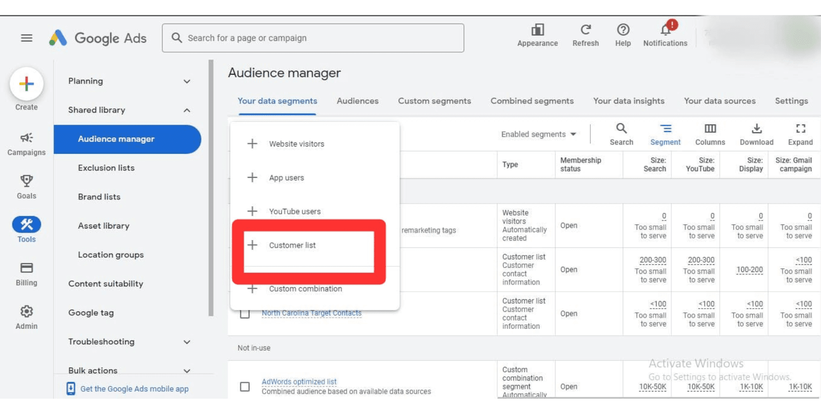 Screenshot of Google Ads Audience Manager, highlighting the 'Customer list' option for building a first party data strategy with audience segments.