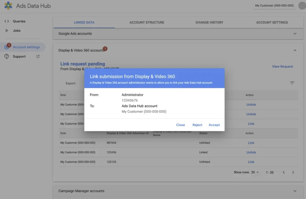 a screenshot from google ads data hub displaying a pending link request from display & video 360 to an ads data hub account.