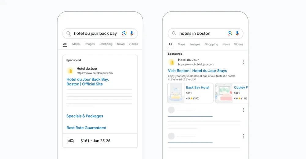 mobile search results showing hotel options in boston, including ratings, prices, and sponsored ads at the top. the display highlights how travel feeds in search ads enhance the online booking experience by showing relevant, location-based hotel options directly in search results.