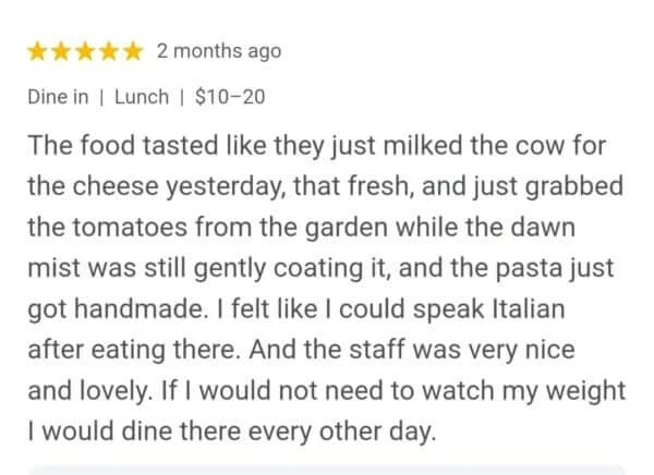 five-star restaurant review highlighting fresh, farm-to-table ingredients and handmade pasta, praising the italian authenticity and warm service, a prime example of how user-generated content supports voice search local seo.