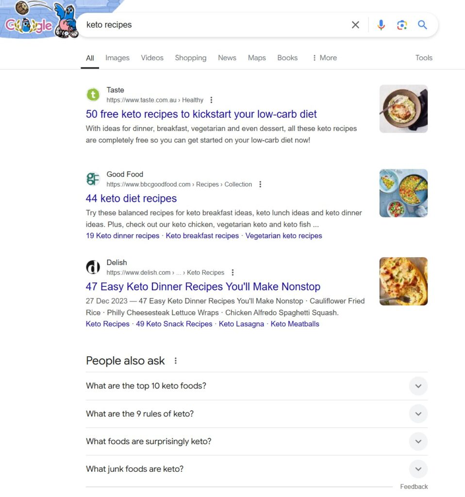 Google search results page for 'keto recipes' showing multiple recipe listings. A why you need an SEO audit example of SERP analysis.