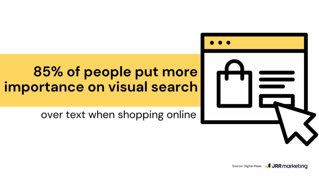 informative graphic with bold text stating “85% of people put more importance on visual search over text when shopping online,” alongside a simple browser illustration with a shopping bag icon and large cursor. a clear visual representation of consumer behavior, emphasizing why you should optimize for visual search in e-commerce to enhance online shopping engagement.