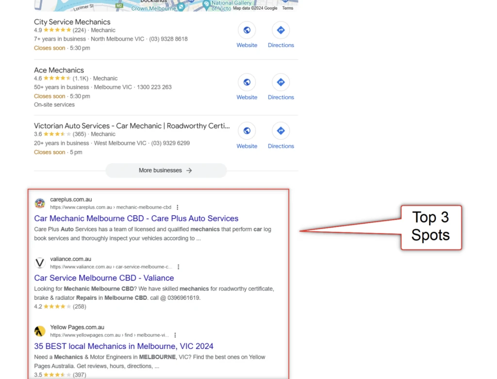 Screenshot of Google search results for local mechanics, highlighting the 'Top 3 Spots' in organic listings, demonstrating what an SEO consultant aims for.