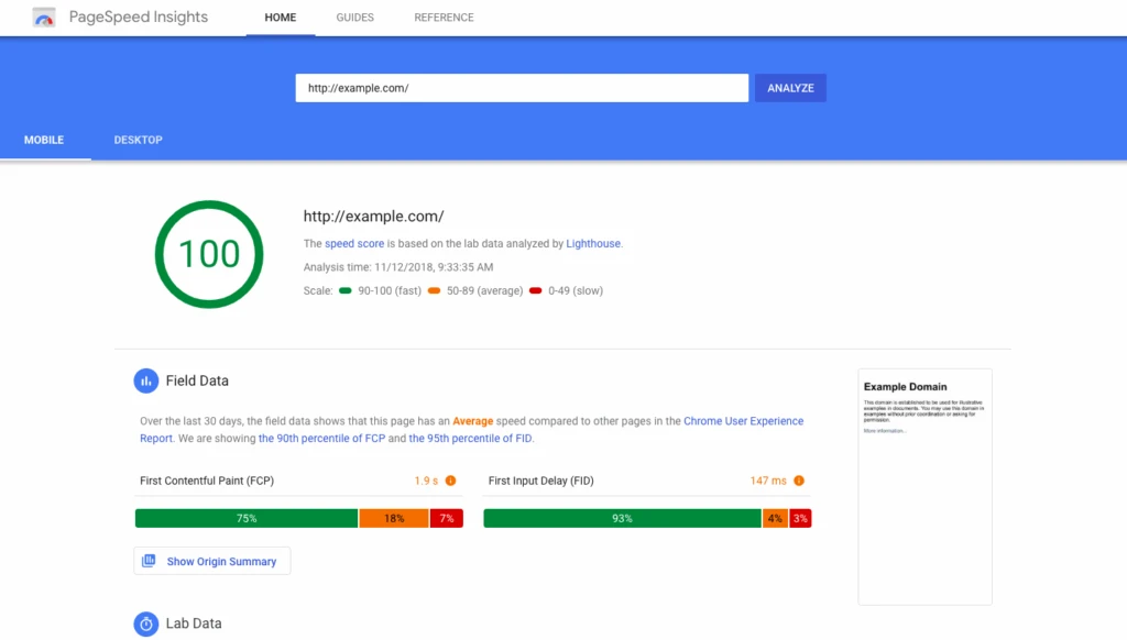 screenshot of a perfect 100 score on google pagespeed insights for example.com, demonstrating high web performance metrics — essential for enhancing user experience and boosting visibility in voice search local seo.