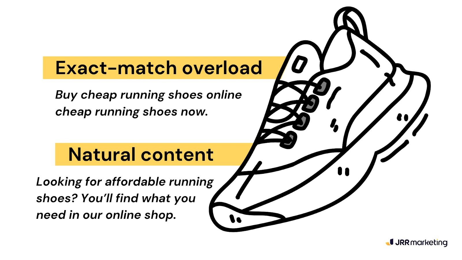 Illustration contrasting 'exact-match overload' with natural content for SEO, featuring a running shoe. Avoid these SEO mistakes.