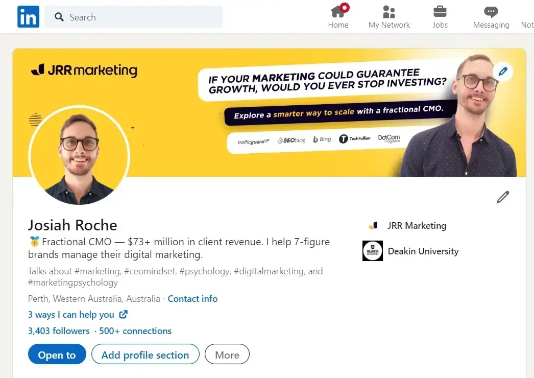 LinkedIn profile for Josiah Roche, Fractional CMO at JRR Marketing, showing his profile picture and banner with a marketing message.
