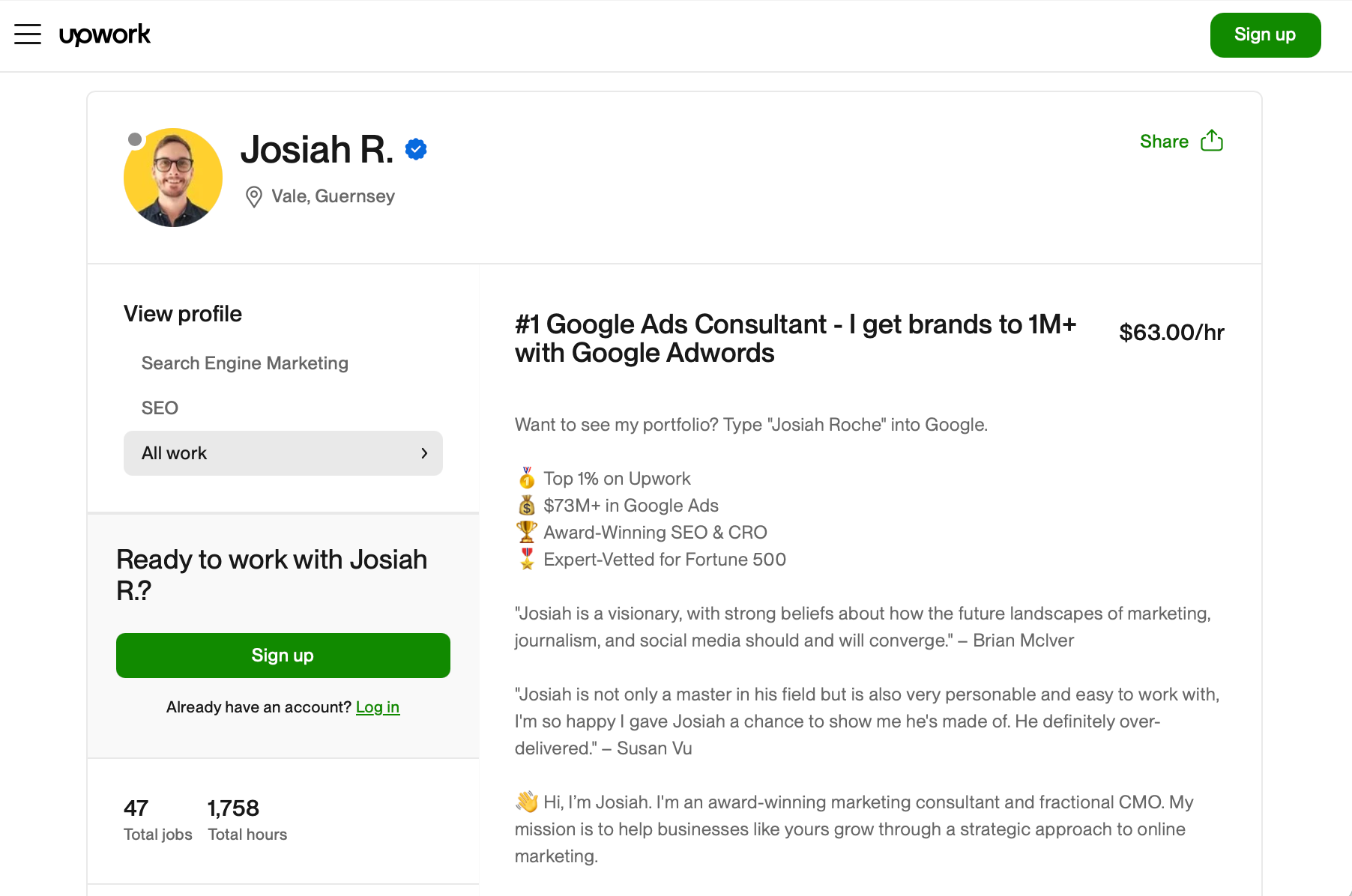 Upwork profile of Josiah R., a fractional CMO, showcasing his experience and client testimonials.