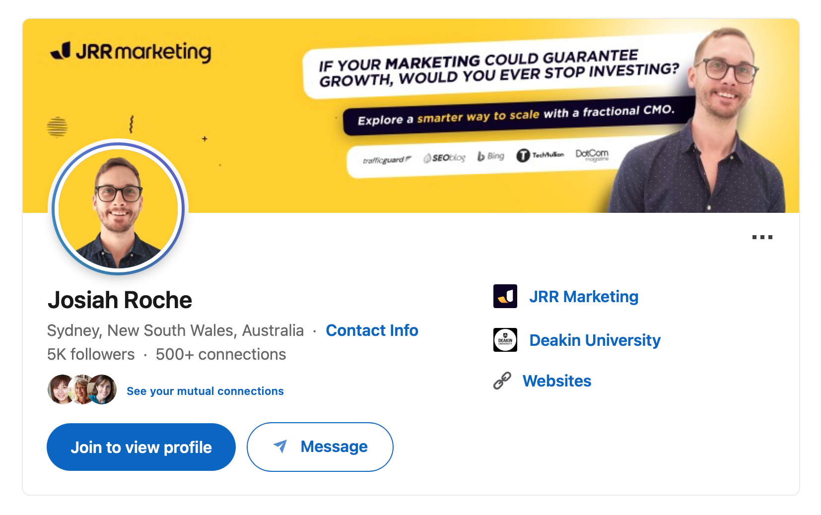 Josiah Roche's LinkedIn profile displaying his photo and a banner promoting fractional CMO jobs for JRR Marketing.