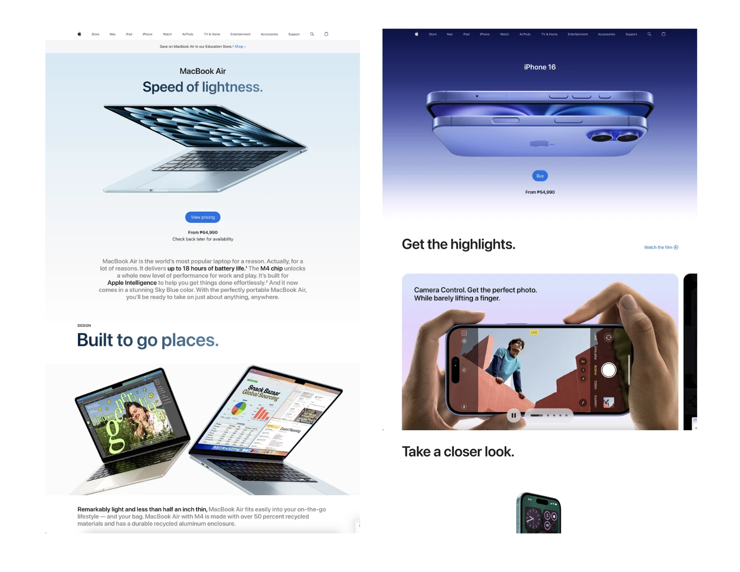 Apple website displaying MacBook Air and iPhone 16 product pages, featuring a silver laptop, purple smartphone, and a person taking a photo.