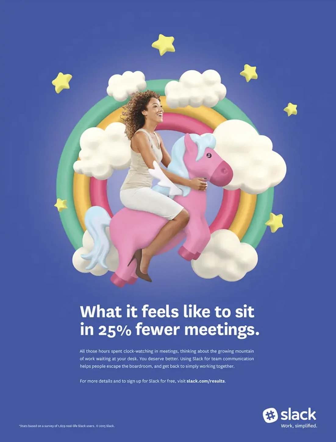 A joyful woman rides a pink unicorn through a rainbow, clouds, and stars, illustrating the feeling of fewer meetings.