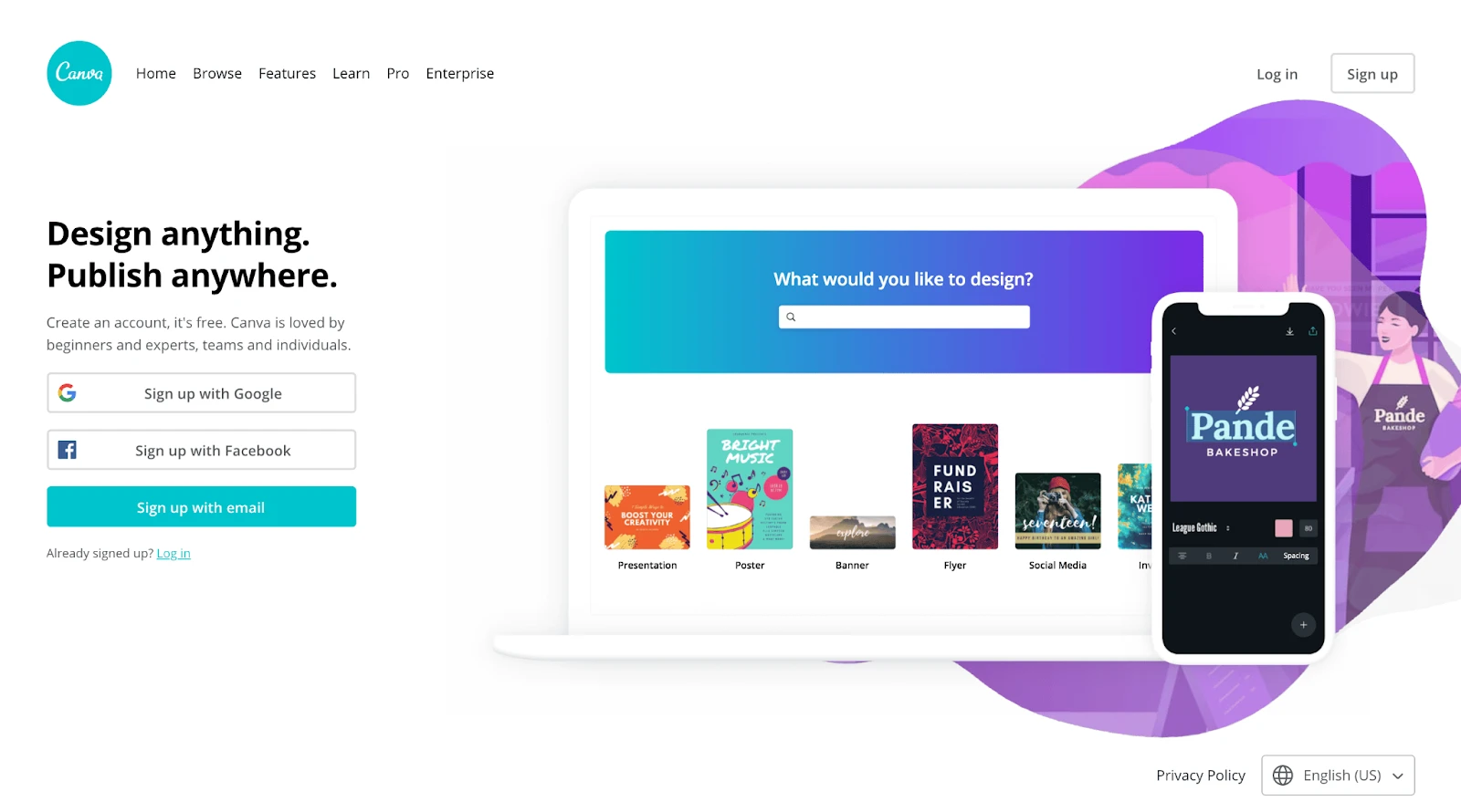 Canva homepage showing sign-up options, a laptop with design templates, and a phone displaying a logo design.