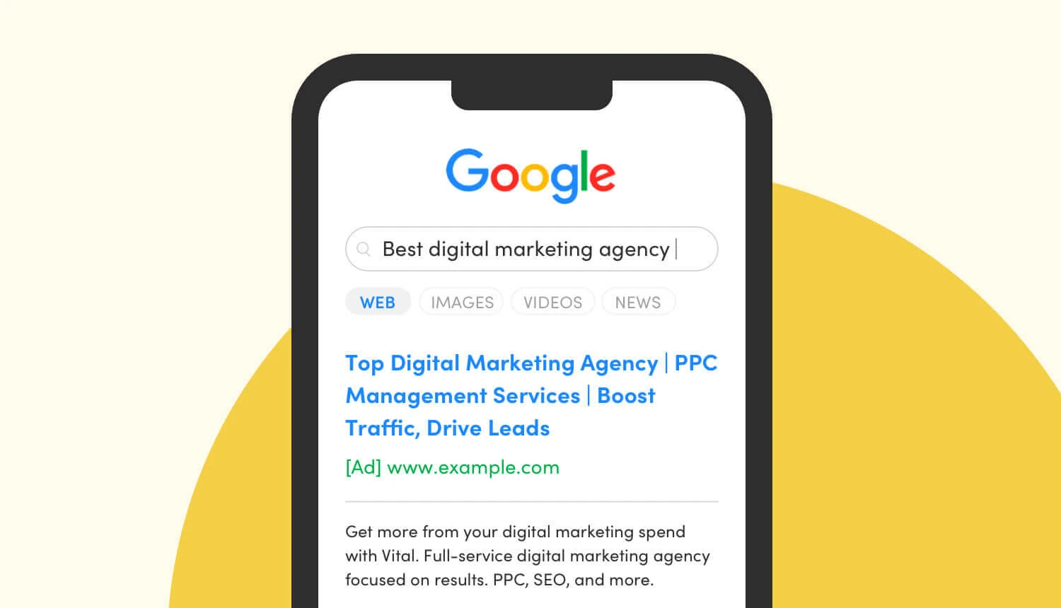 Smartphone displaying a Google search result for 'Best digital marketing agency', showing an ad for a digital marketing agency.