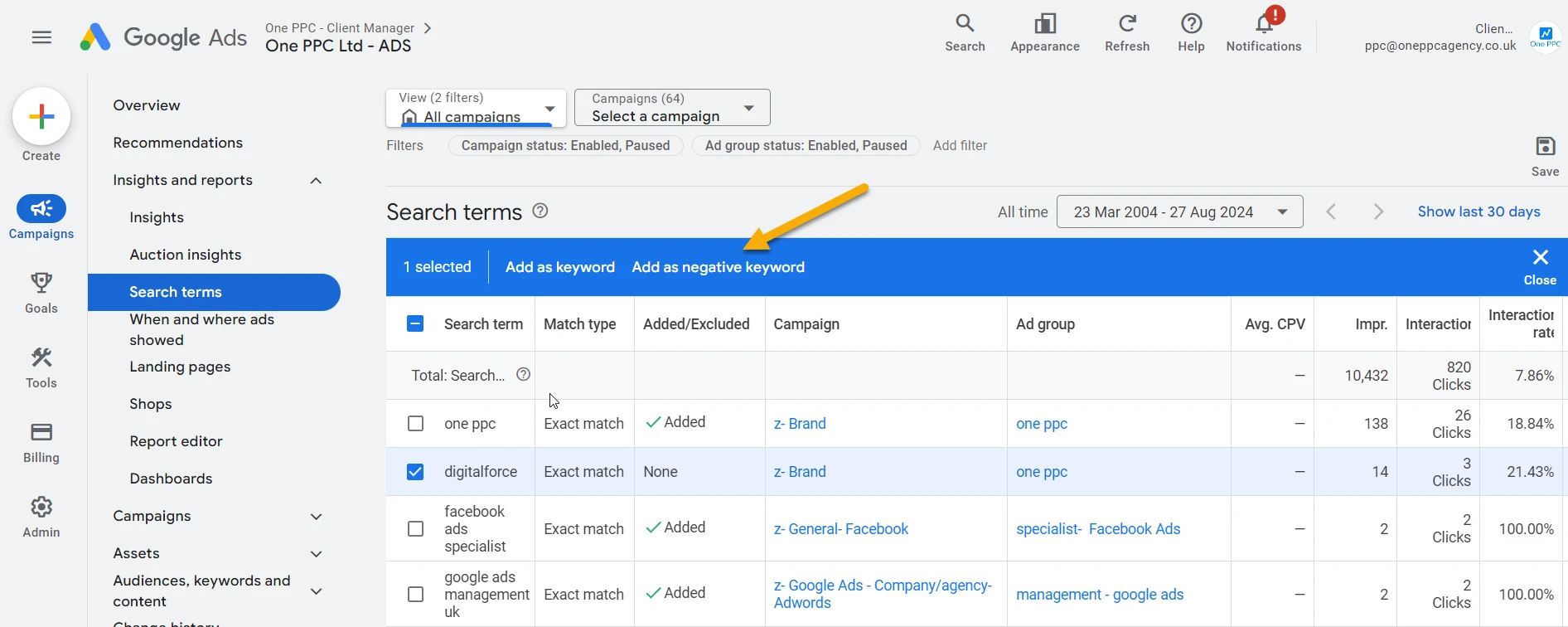 Google Ads interface showing 'Search terms' report with 'digitalforce' selected, highlighting options to add as keyword or negative keyword.