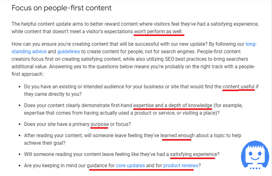 image depicting google's guidelines for creating helpful content. the guidelines emphasize the importance of prioritizing people-first content that is useful, demonstrates expertise and depth of knowledge, and serves a clear purpose.