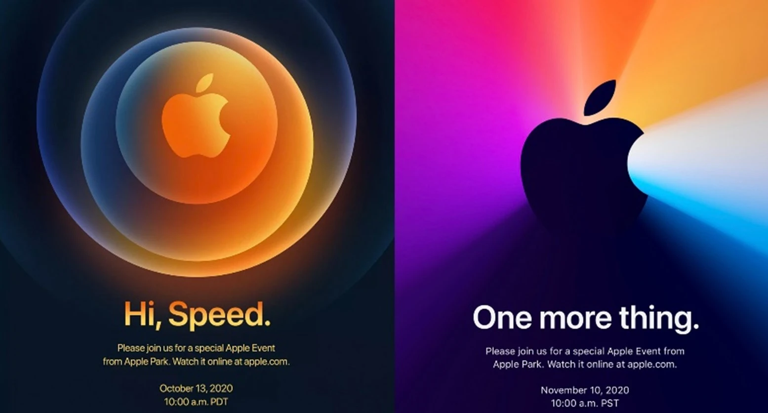 Apple event invitations side-by-side, showcasing different color schemes and the Apple logo. This visual marketing uses psychology of advertising to build anticipation.