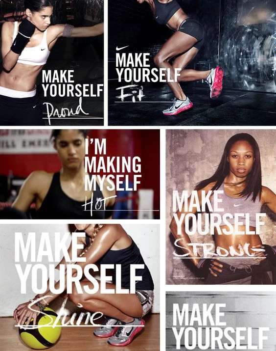 A collage of women in Nike sportswear with motivational text like 'Make Yourself Proud' and 'Make Yourself Strong,' demonstrating optimism bias in marketing.