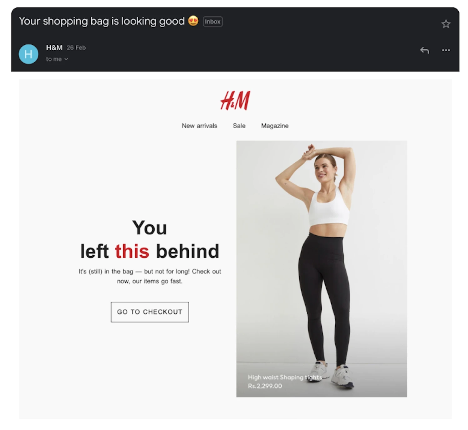 H&M abandoned cart email showing a model in shaping tights, using optimism bias to encourage checkout.
