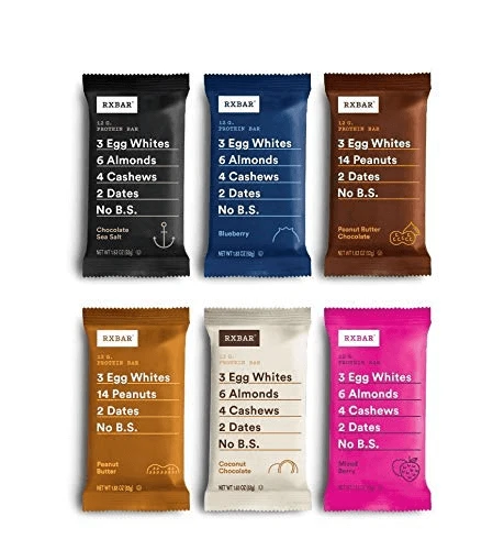 Six different flavored RXBAR protein bars, each package clearly listing ingredients, a great example of transparent ad copy.