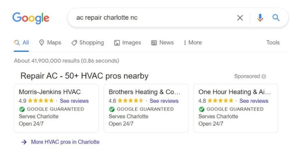 Google search results for 'ac repair Charlotte nc' showing local service ads for HVAC pros.
