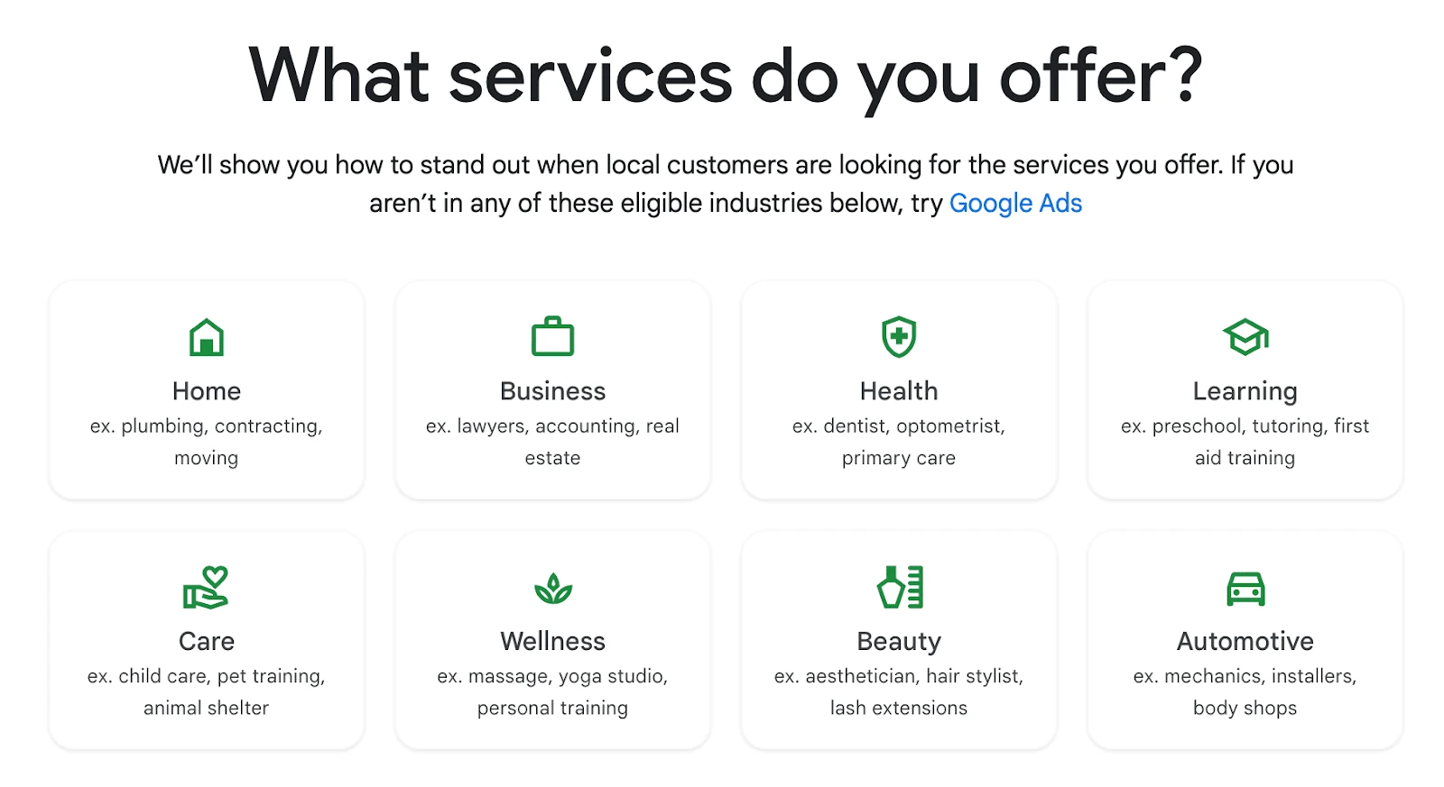 Screenshot of Google's 'What services do you offer?' page, listing eligible industries for local service ads.