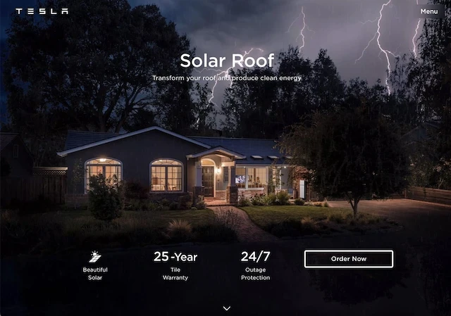 Tesla Solar Roof landing page example, showcasing a house under a stormy sky with lightning.