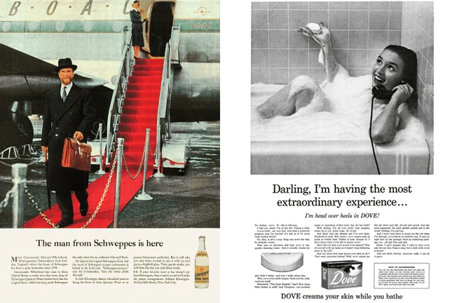 Two vintage ads: 'The man from Schweppes' exiting a plane and a woman in a bathtub for Dove.