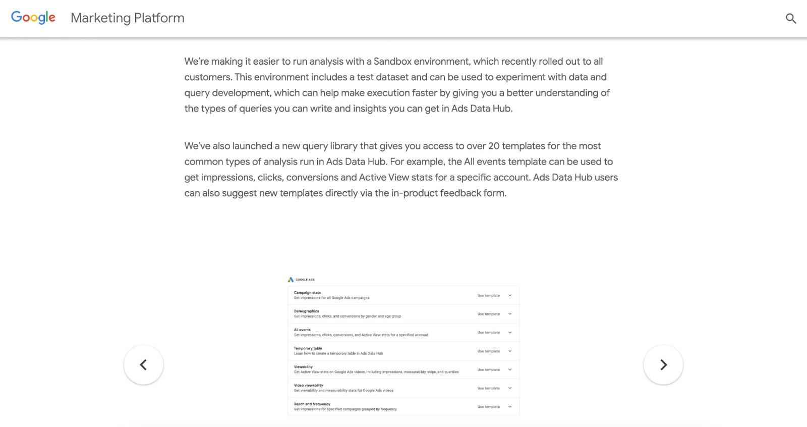 Screenshot showing Google Ads Data Hub query templates like 'Campaign stats' and 'All events' for comprehensive data analysis.