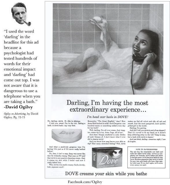 Vintage Dove soap ad showing a woman happily talking on a telephone in a bubble bath, demonstrating the psychology of advertising. Text by David Ogilvy discusses using 'darling' for emotional impact.