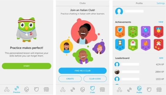 Duolingo app screens showing practice reminders, club joining, and profile achievements. This visual demonstrates how apps leverage optimism bias.