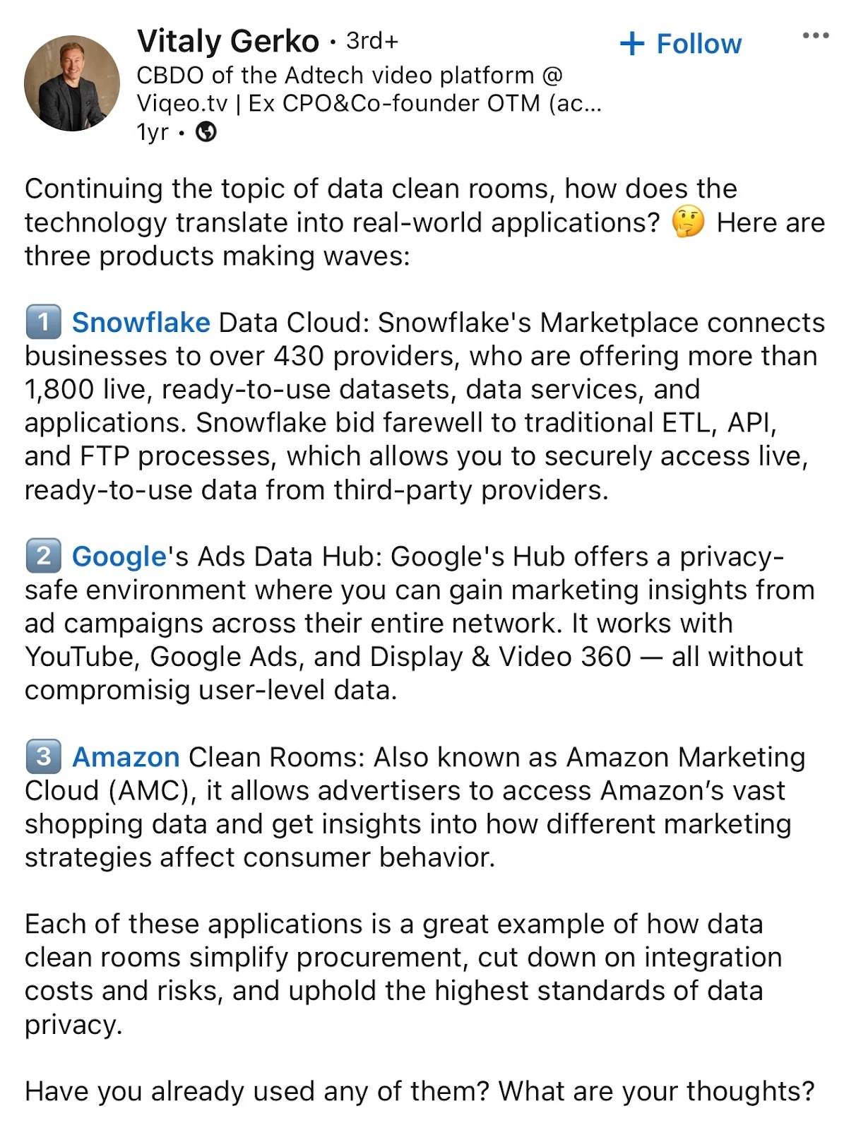 LinkedIn post by Vitaly Gerko discussing data clean rooms, highlighting Google Ads Data Hub, Snowflake, and Amazon Clean Rooms for marketing insights.