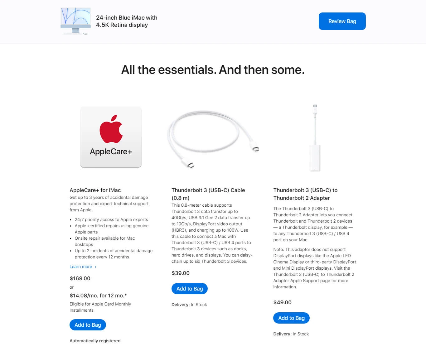 Screenshot of an Apple product page showing AppleCare+, a Thunderbolt 3 cable, and an adapter, suggesting add-on purchases to increase what does AOV mean.