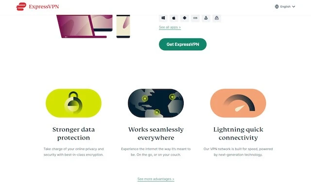 ExpressVPN landing page highlighting three benefits: data protection, global access, and speed.