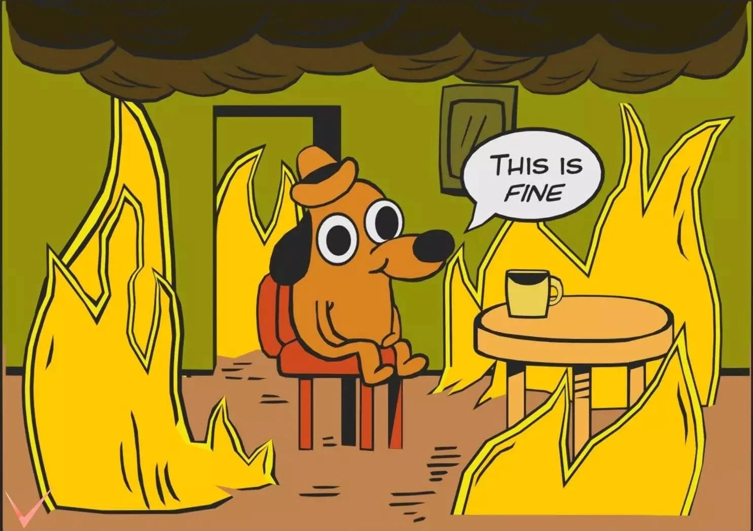 Cartoon dog in a burning room, calmly saying 'This is Fine,' illustrating extreme optimism bias.