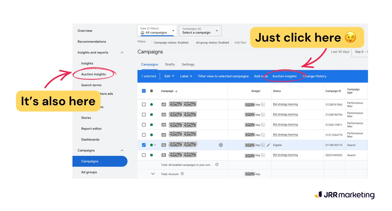 Screenshot of Google Ads interface showing how to access auction insights, with arrows pointing to the relevant options.