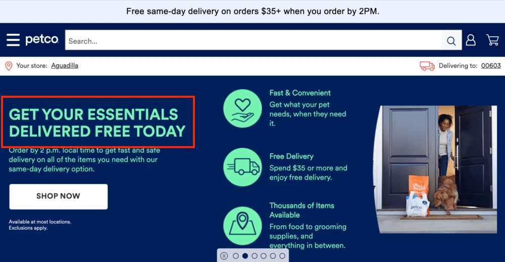 Petco website banner promoting free same-day delivery on orders over $35, a strategy to increase what does AOV mean.