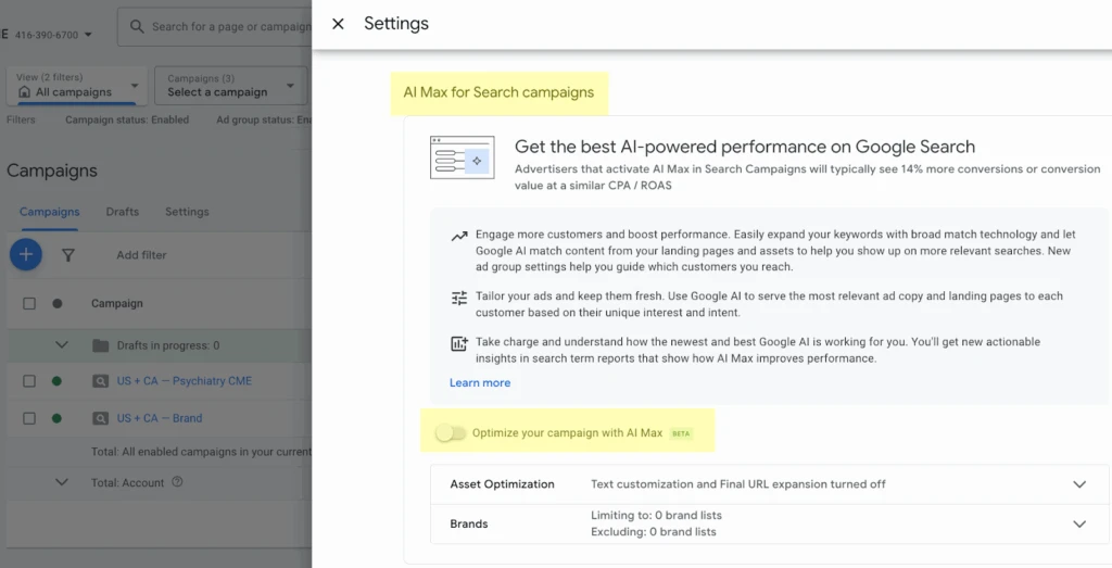 screenshot of google ads showing ai max for search campaigns to improve performance in a paid search strategy.