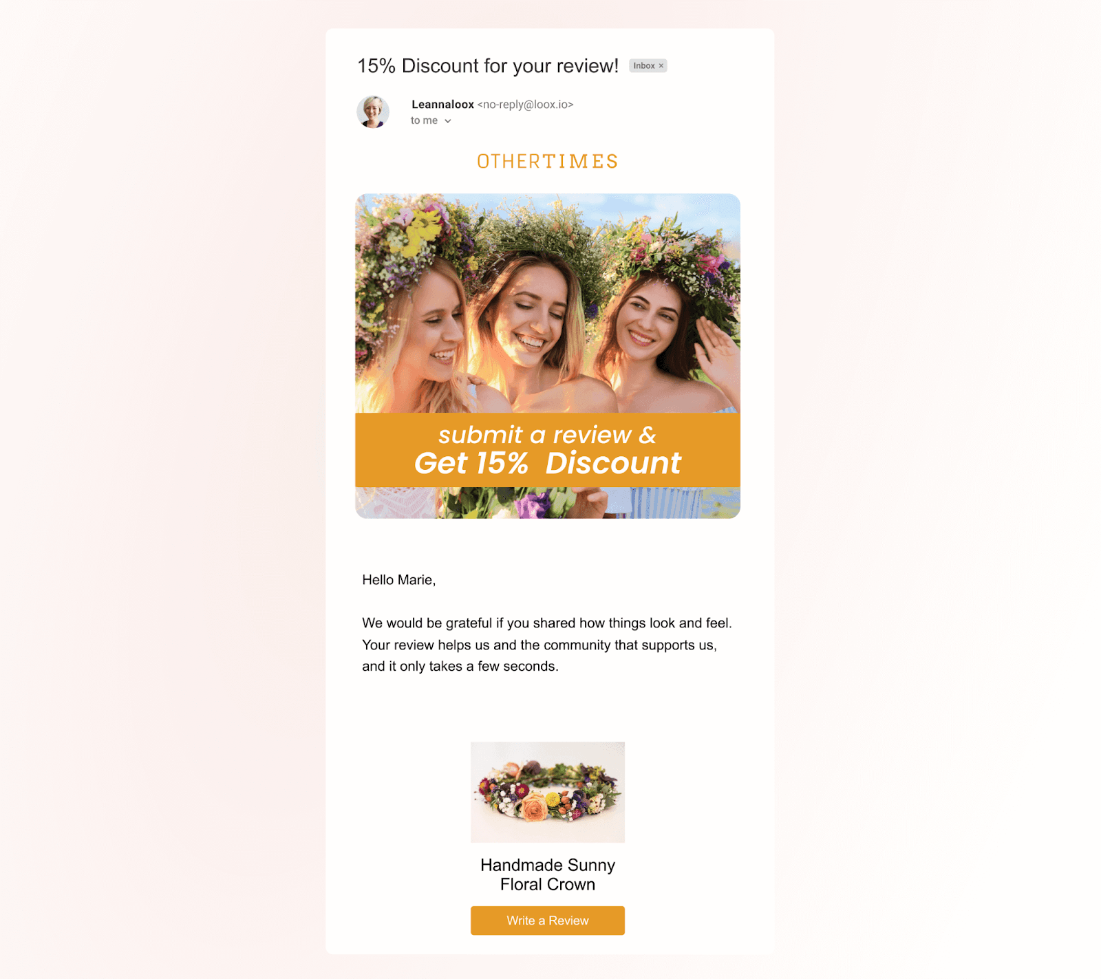 An email showcasing how to ask for testimonials, offering a 15% discount for submitting a review.