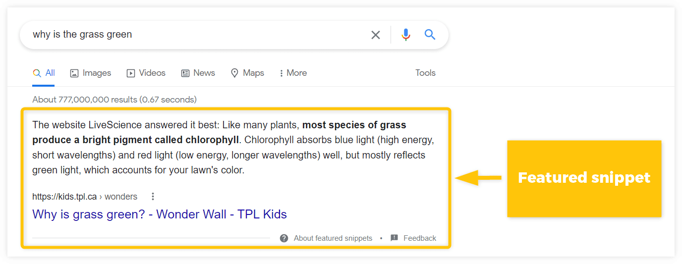 Google search results page showing a featured snippet answering 'why is the grass green', a good way to drive organic traffic.