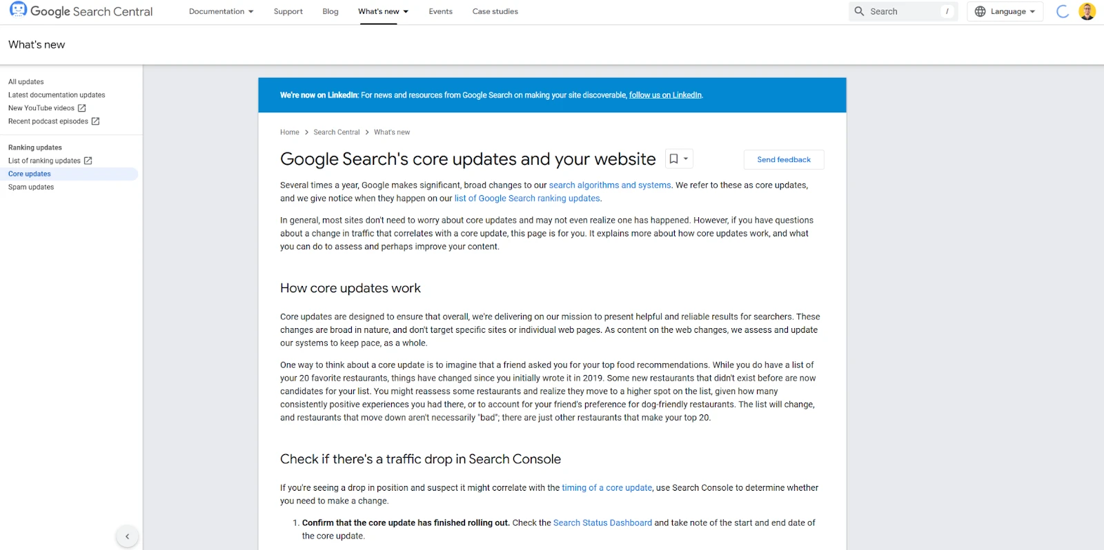 Google Search Central page explaining core updates. An SEO consultant understands these updates and their impact on rankings.