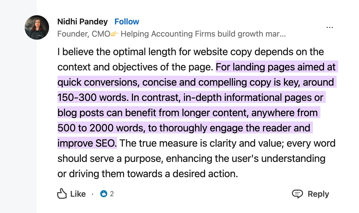 LinkedIn post by Nidhi Pandey discussing content length for website copy to become an authority in your niche.