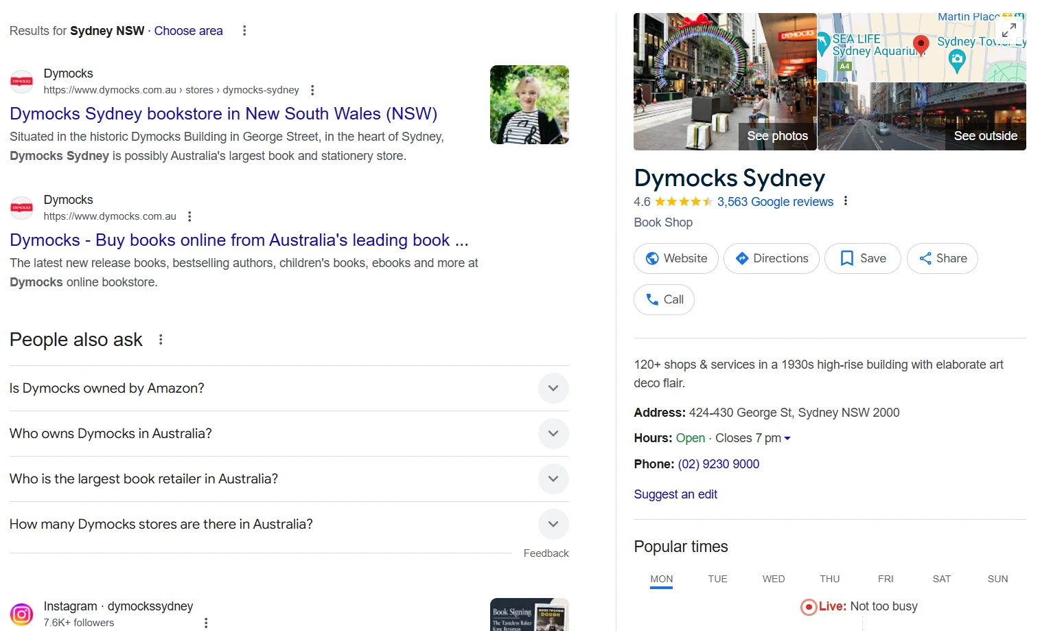 Google search results for Dymocks Sydney, showing local business information including address, hours, and 'People also ask' section. This illustrates the search visibility an SEO consultant can improve.