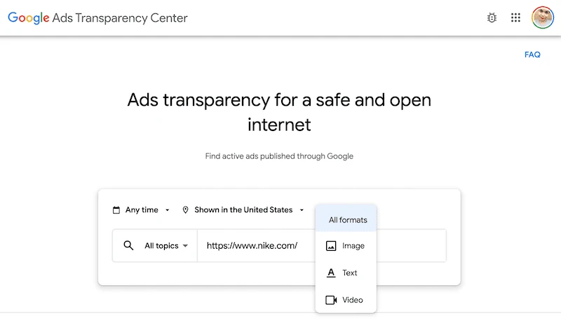 Screenshot of Google Ads Transparency Center showing search filters for ads, including format types like Image, Text, and Video. This helps to target competitors audience on Google Ads.