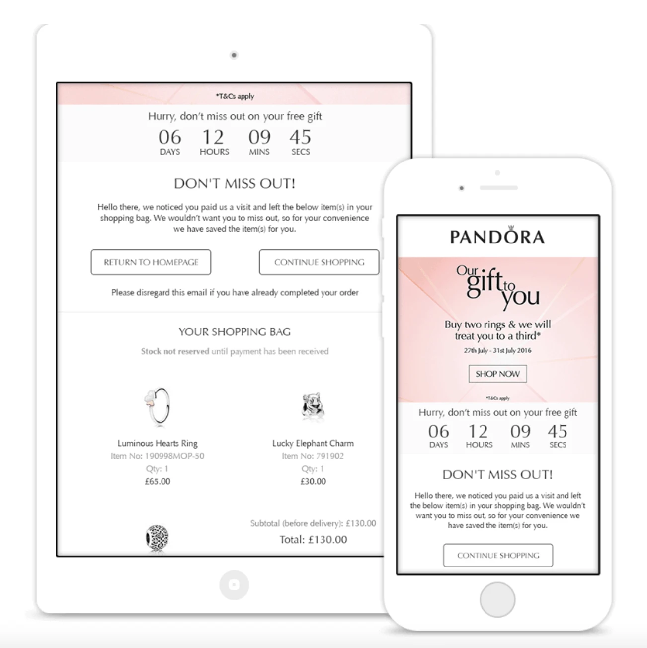 Tablet and smartphone displaying abandoned cart emails with countdown timers and product details, strategies to improve what AOV means.