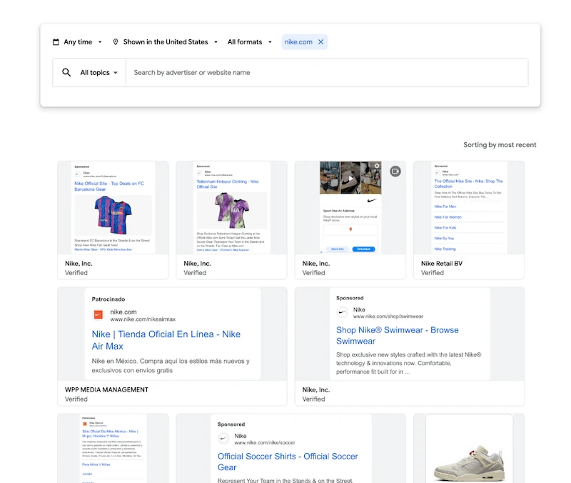 A Google Ads interface showing various Nike ads and sponsored listings. It demonstrates how to target competitors' audience on Google Ads by analyzing their ad creatives.