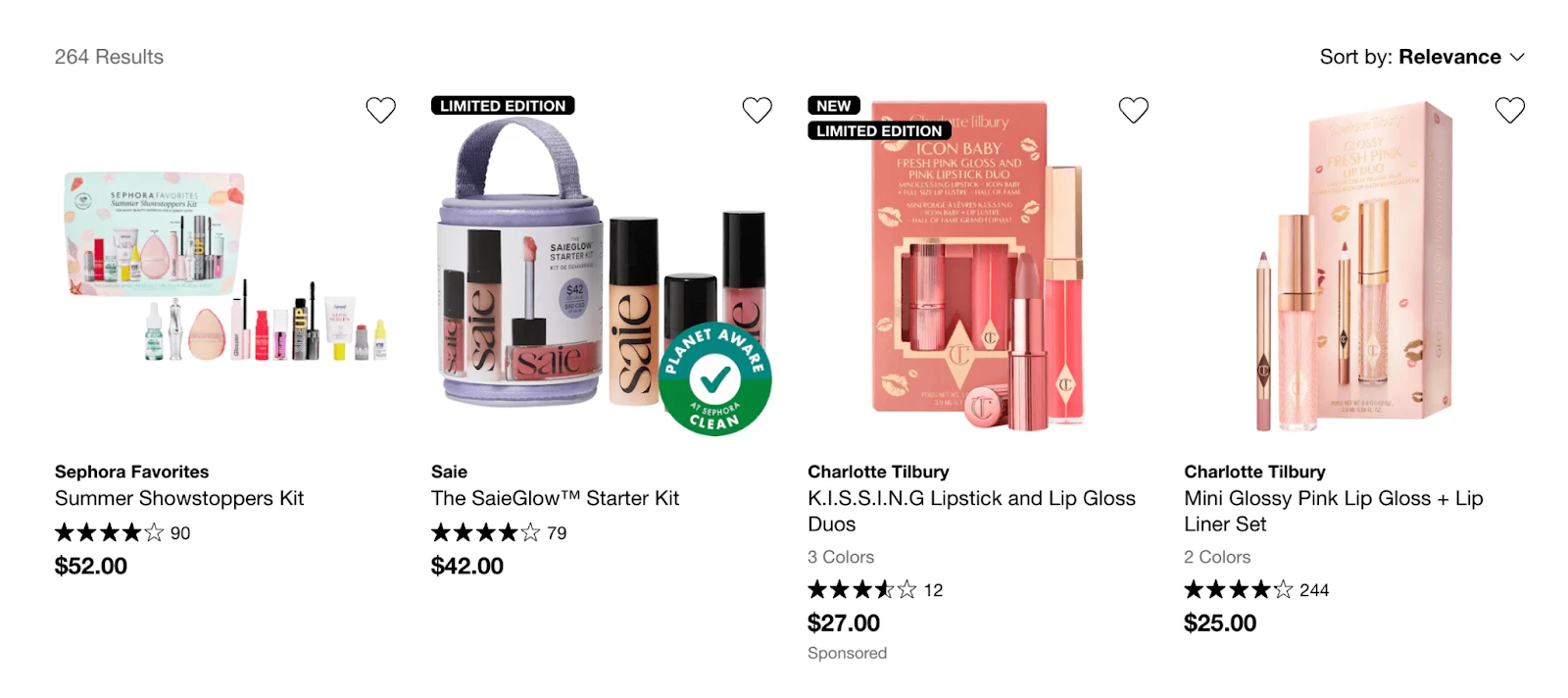 A Sephora product page displaying various makeup kits, including Saie and Charlotte Tilbury, to help understand what AOV means for beauty brands.