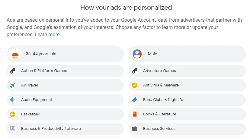 Screenshot of Google Ads personalization settings, showing various demographic and interest categories for ad targeting, a key component of Google Ads Data Hub.